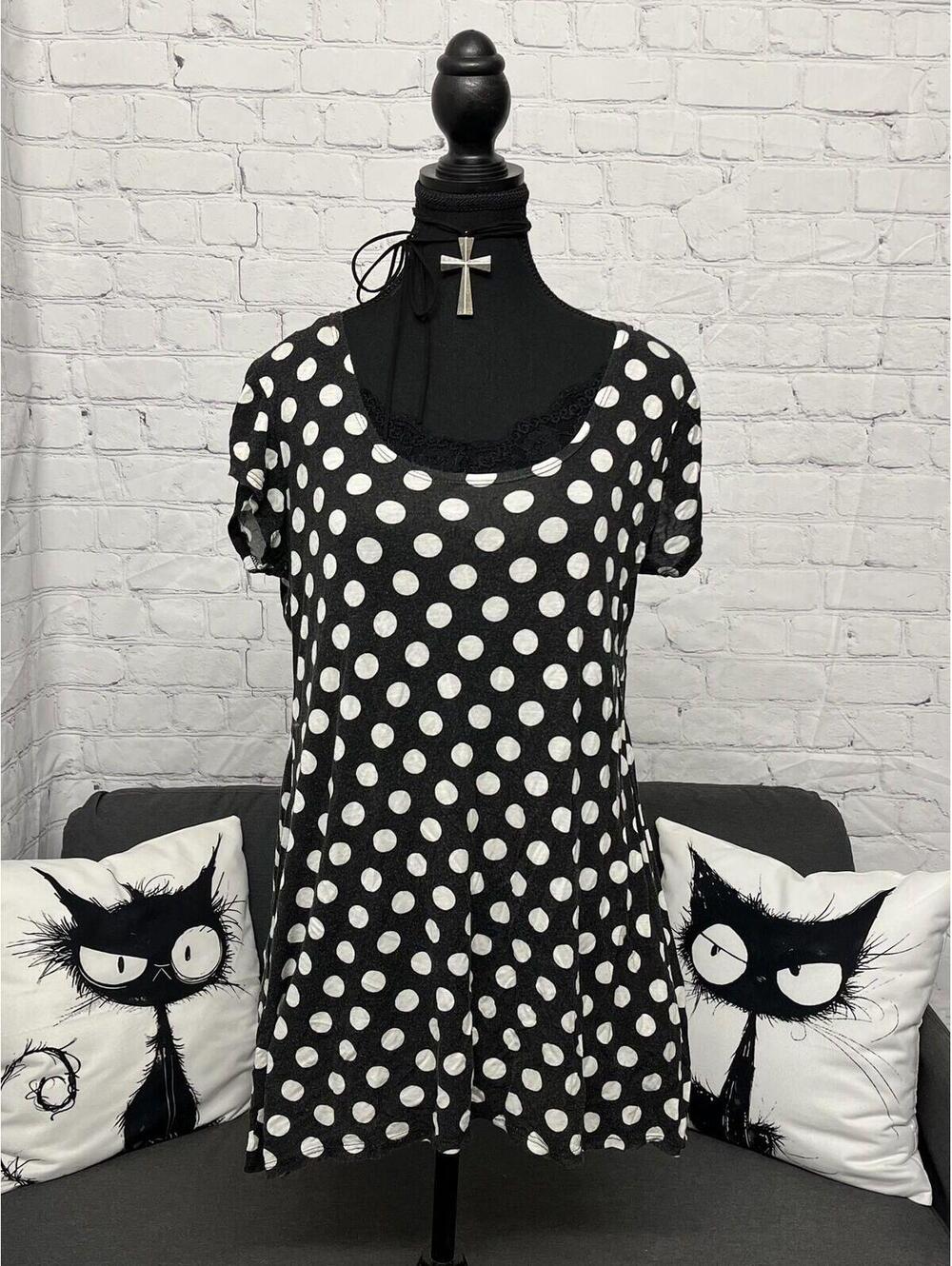 Black And White Polka Dot Short Sleeves Mini Dress/ Tunic Sz L/ XL Twee Retro